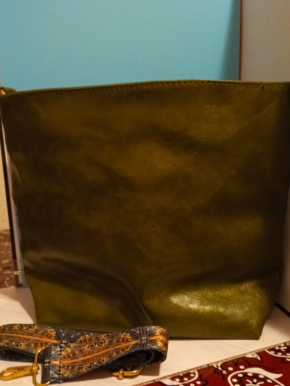 Shein Olive Green Tote with detachable Patterned Strap